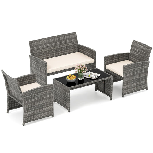 4 Piece Patio Conversation Set Rattan Chair Loveseat and Table Set with Seat Cushions