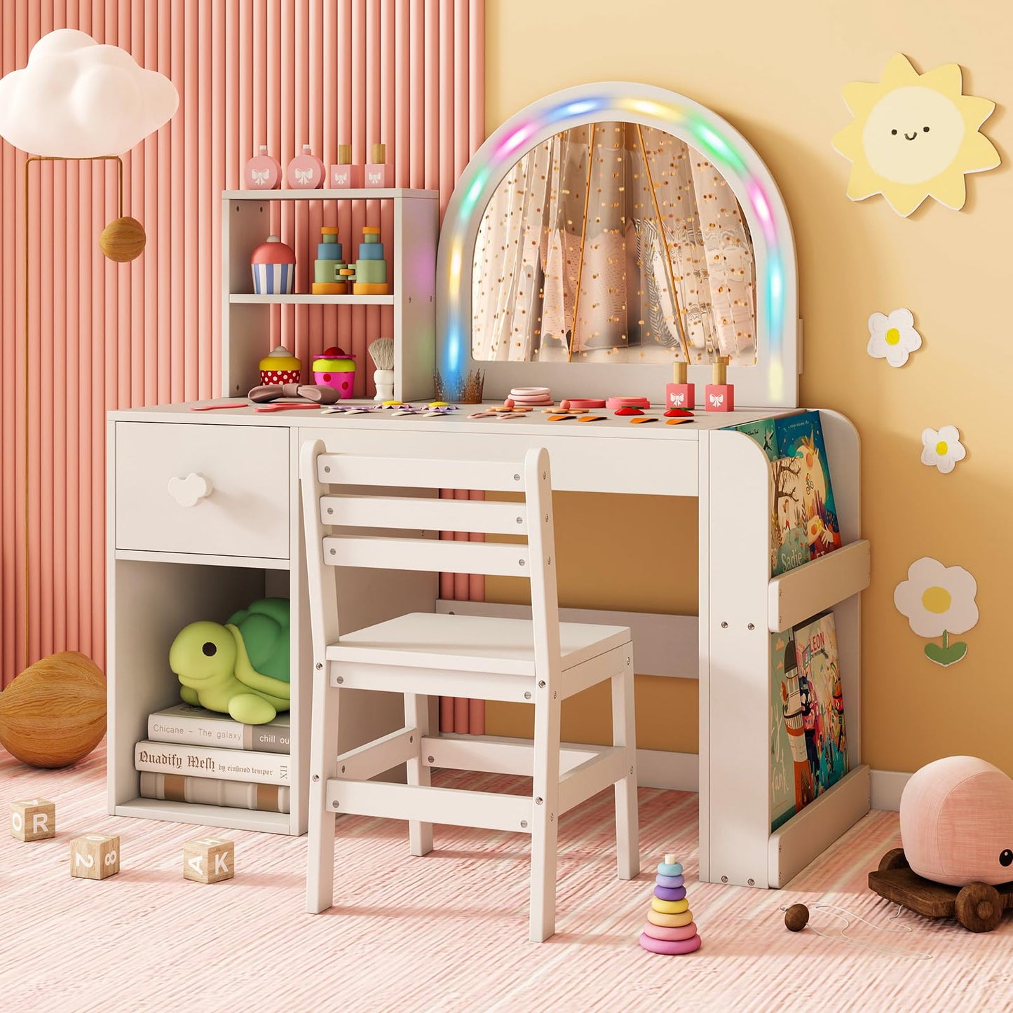 Kids Vanity Table and Chair Set with Lighted Mirror Open Storage Shelves