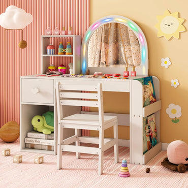Kids Vanity Table and Chair Set with Lighted Mirror Open Storage Shelves