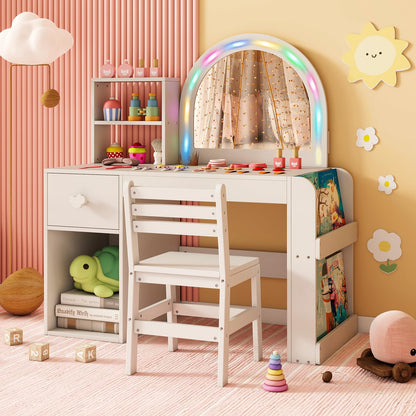 Kids Vanity Table and Chair Set with Lighted Mirror Open Storage Shelves