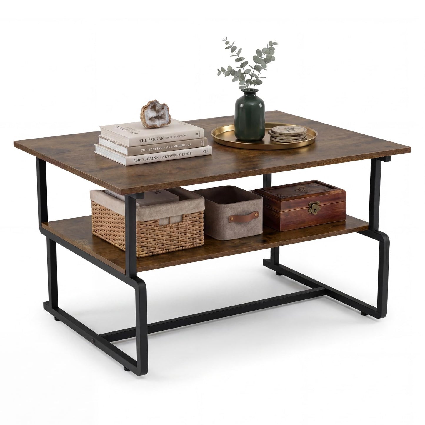 2-Tier Coffee Table, Industrial Rectangle Cocktail Center Table with Storage Shelf