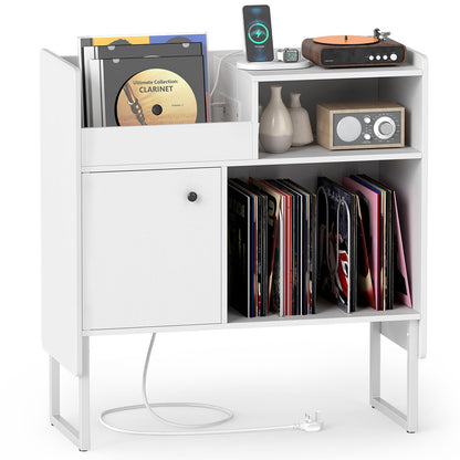 Record Player Stand with Charging Station, End Table with Display Shelves & Door