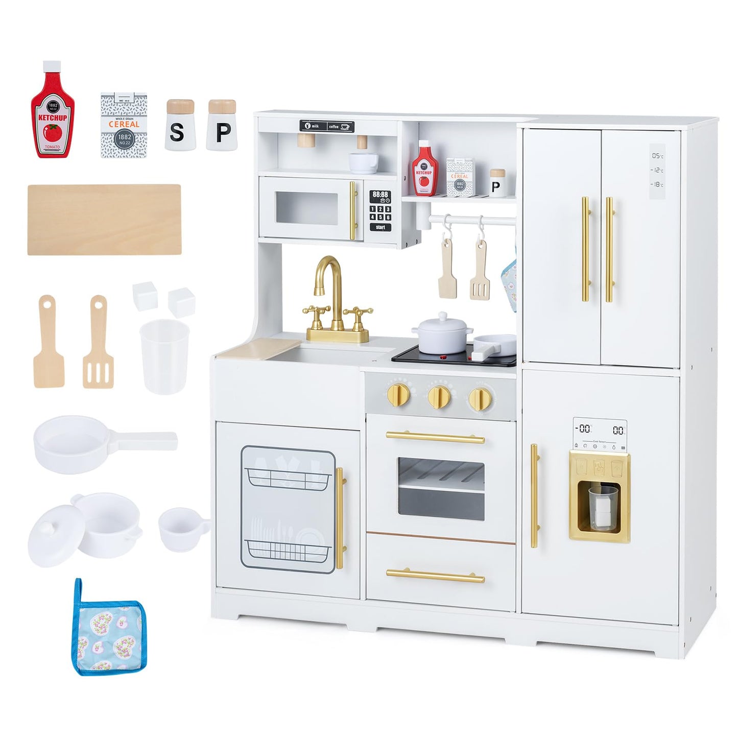Kids Play Kitchen, Wooden Toy Kitchen with Stoves