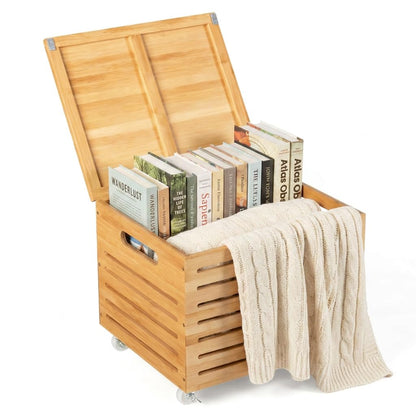 Bamboo Rolling Storage Box with 4 Wheels and Lid for Home