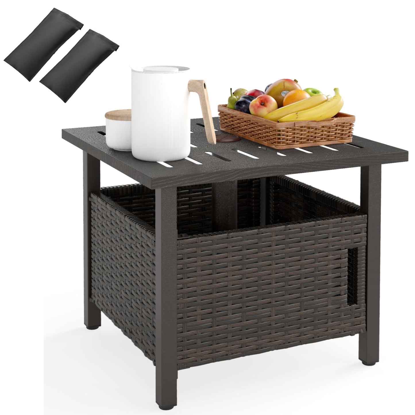 Outdoor Side Table with 2 Weighted Sand Bags and 4.9cm Umbrella Hole