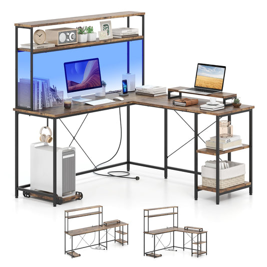 L-Shaped Gaming Desk with LED Strip and Power Outlets