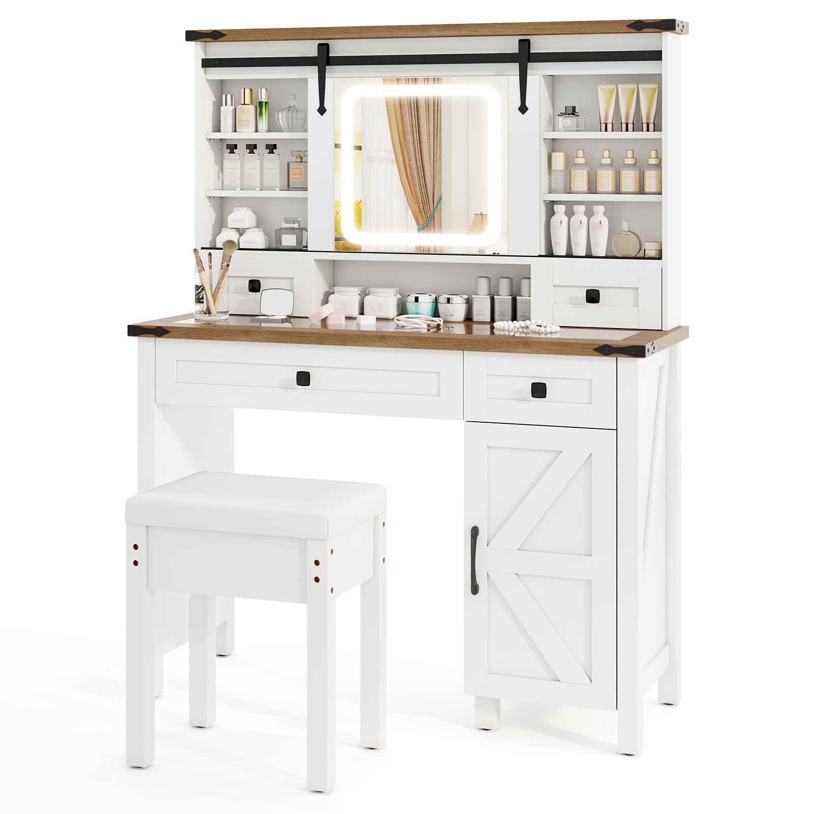 Makeup Vanity Desk and Stool Set with Sliding Mirror and Cabinet ...