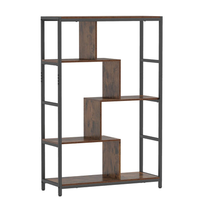 5-Tier Geometric Bookshelf with Open Shelves (Golden + White) | Metal Frame Bookcase Display Stand
