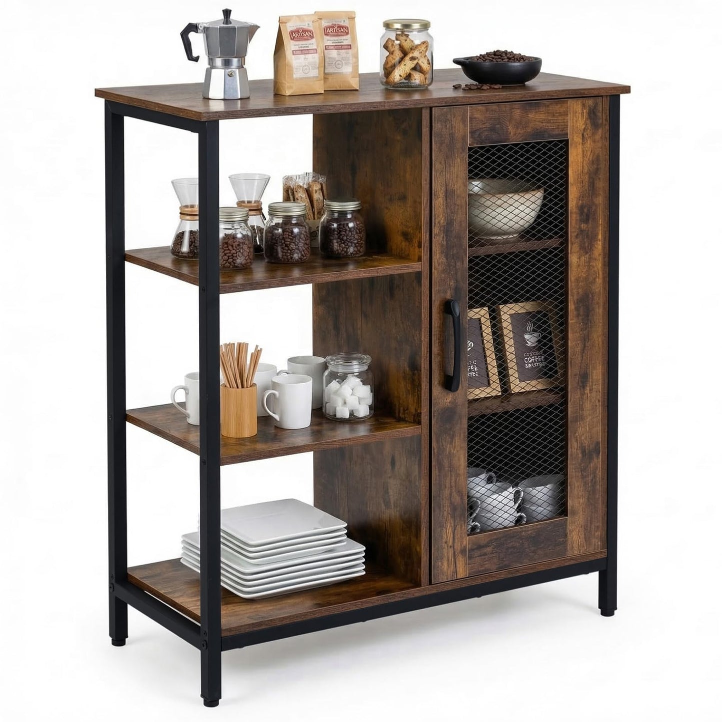 Industrial Storage Cabinet, Wooden Buffet Sideboard with Doors, Adjustable Shelves