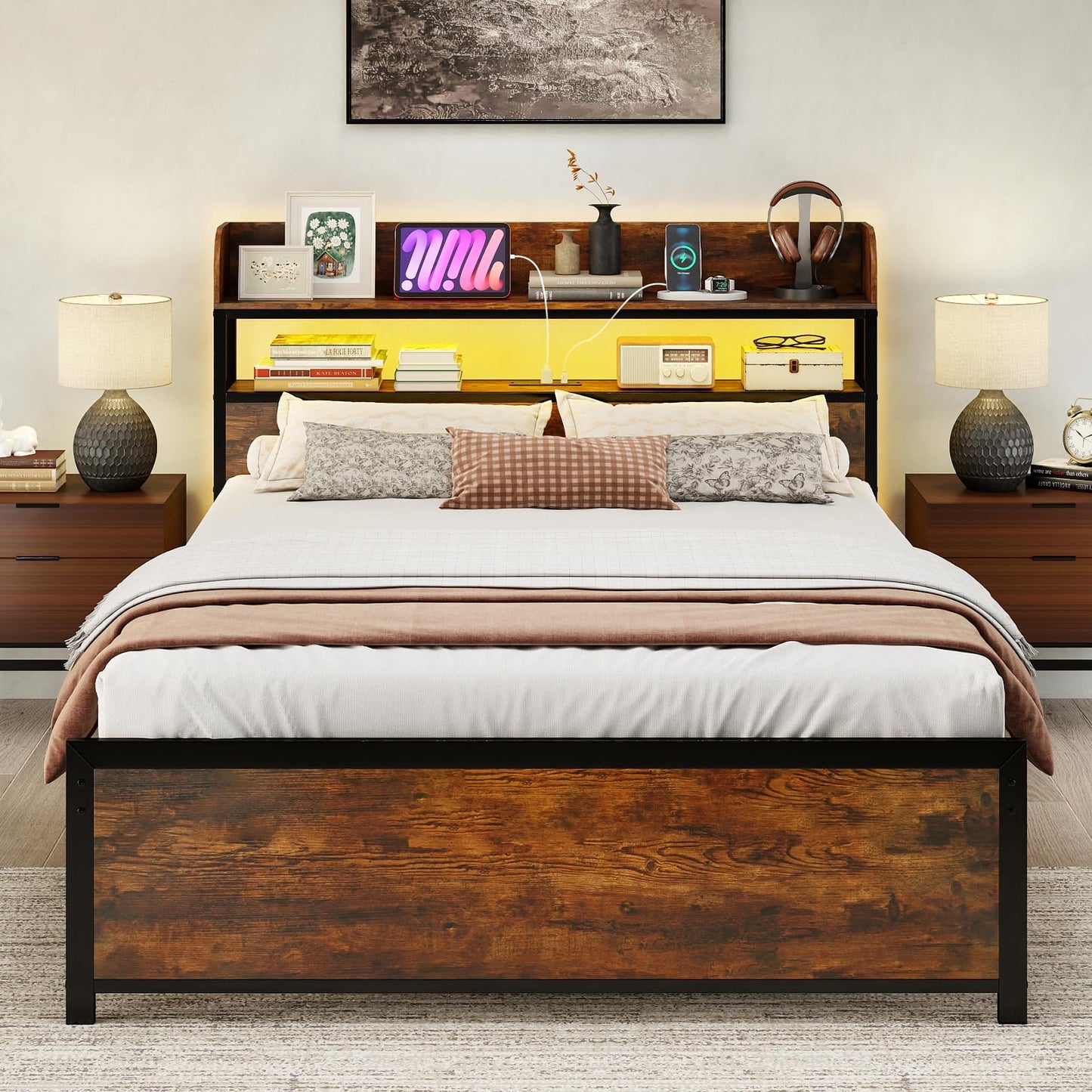 Double Bed Frame with LED Lights and Power Outlets with Storage Headboard