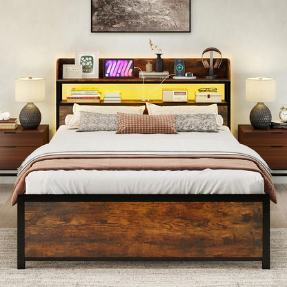 Double Bed Frame with LED Lights and Power Outlets with Storage Headboard