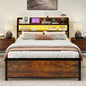 Double Bed Frame with LED Lights and Power Outlets with Storage Headboard
