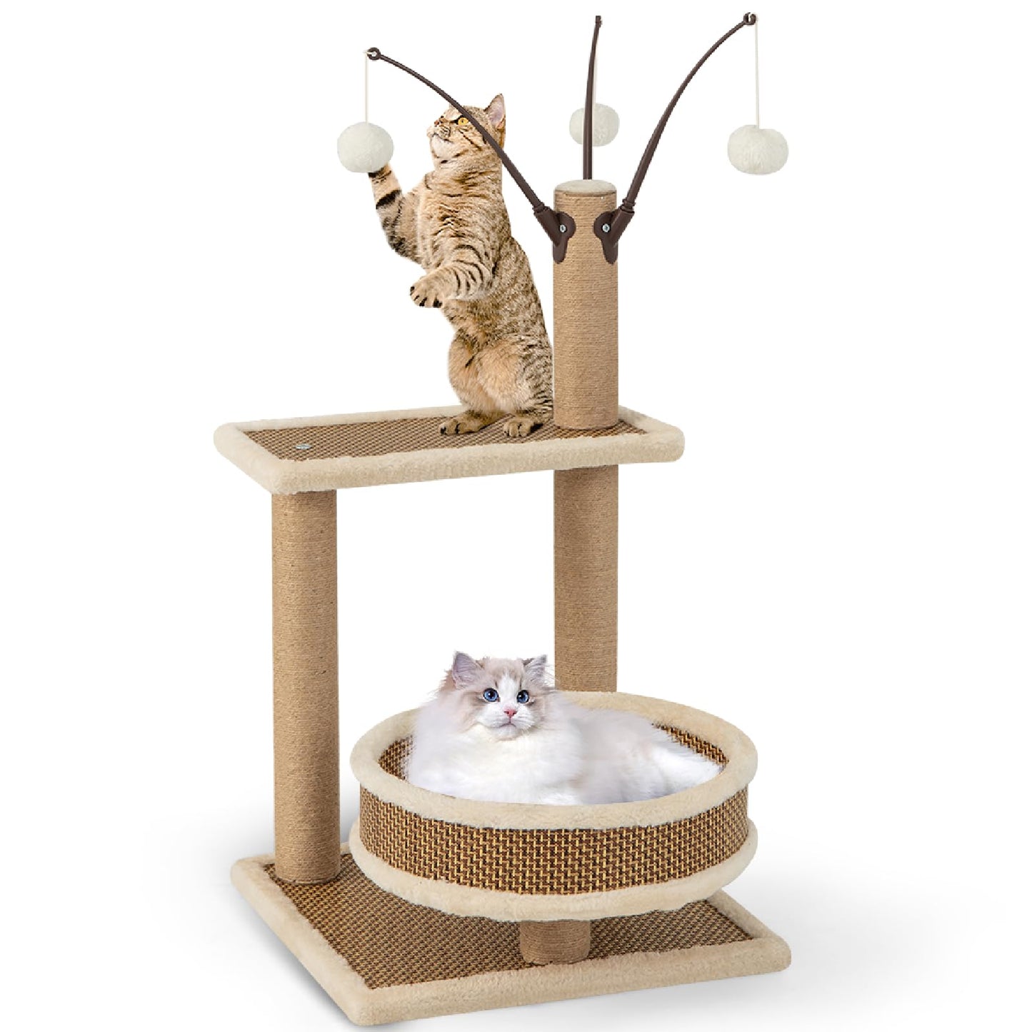 Modern Cat Tower with Rattan Mat and 3 Hanging Ball Toys