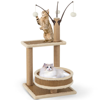 Modern Cat Tower with Rattan Mat and 3 Hanging Ball Toys