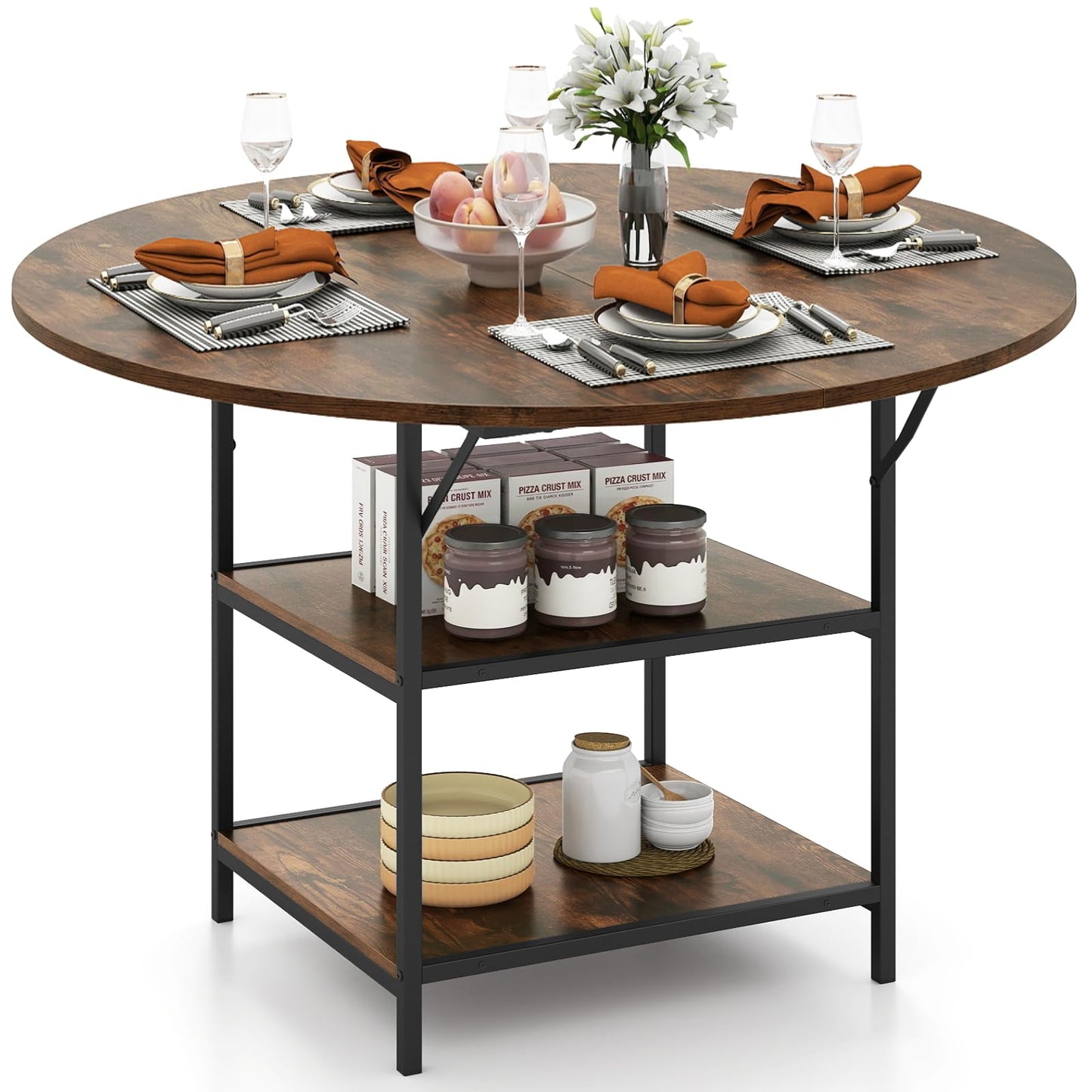 Dining Table for 4-6 People, Round Wooden Kitchen Tables with Storage Shelves