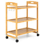 3-Tier Bamboo Rolling Cart with 2 Lockable Wheels and 3 Hooks for Kitchen