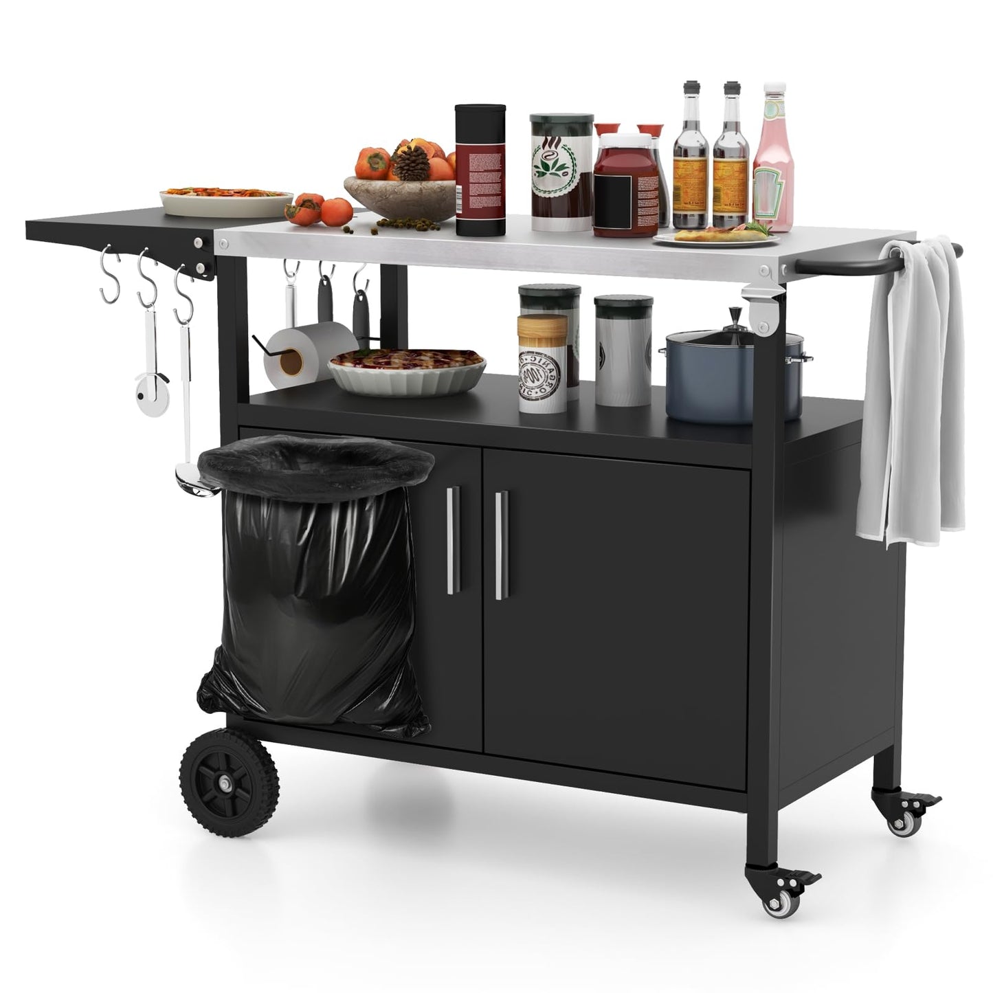84cm Garden Serving Trolley with Folding Stainless Steel Top