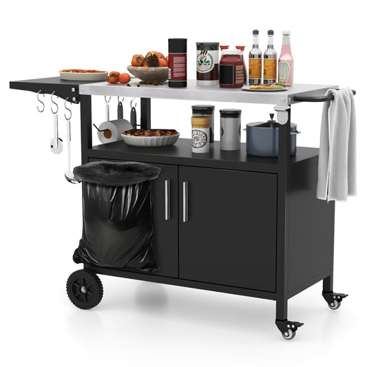 84cm Garden Serving Trolley with Folding Stainless Steel Top