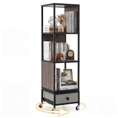 4-Tier Rotating Bookshelf, 360° Spinning Bookcase Tower with Wheels and Removable Fabric Storage Drawer