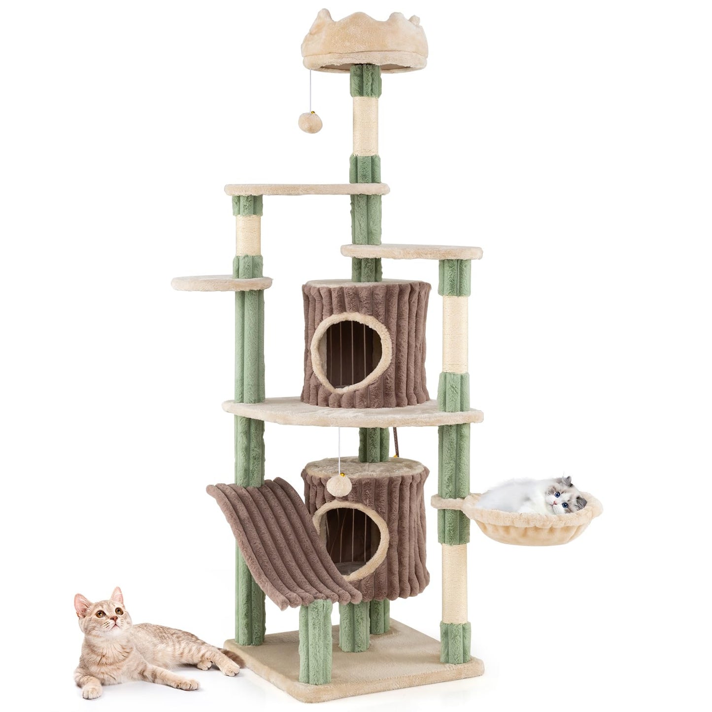 Cat Tree, 163cm Tall Modern Cats Tower with Plush Perch, 2 Condos, Basket Bed