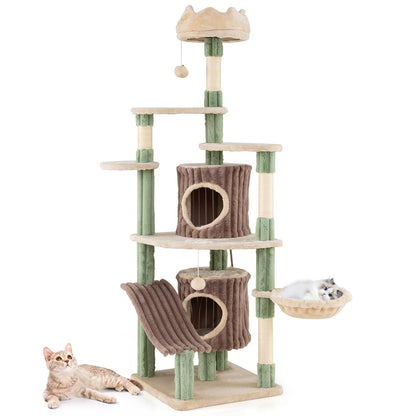 Cat Tree, 163cm Tall Modern Cats Tower with Plush Perch, 2 Condos, Basket Bed