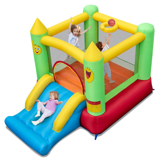 Kids Smiley Face Theme Inflatable Bounce House with Slide and Basketball Hoop (without Blower)