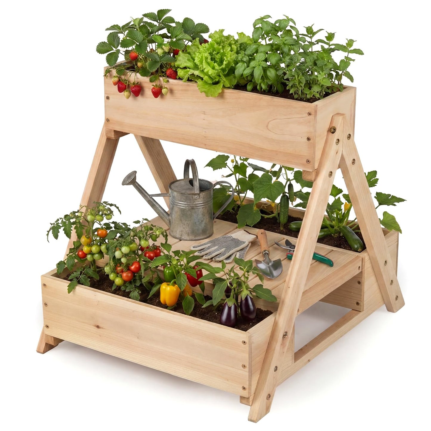 3 Fir Wooden Planter Boxes with Open Storage Shelf and 3 Drainage Holes