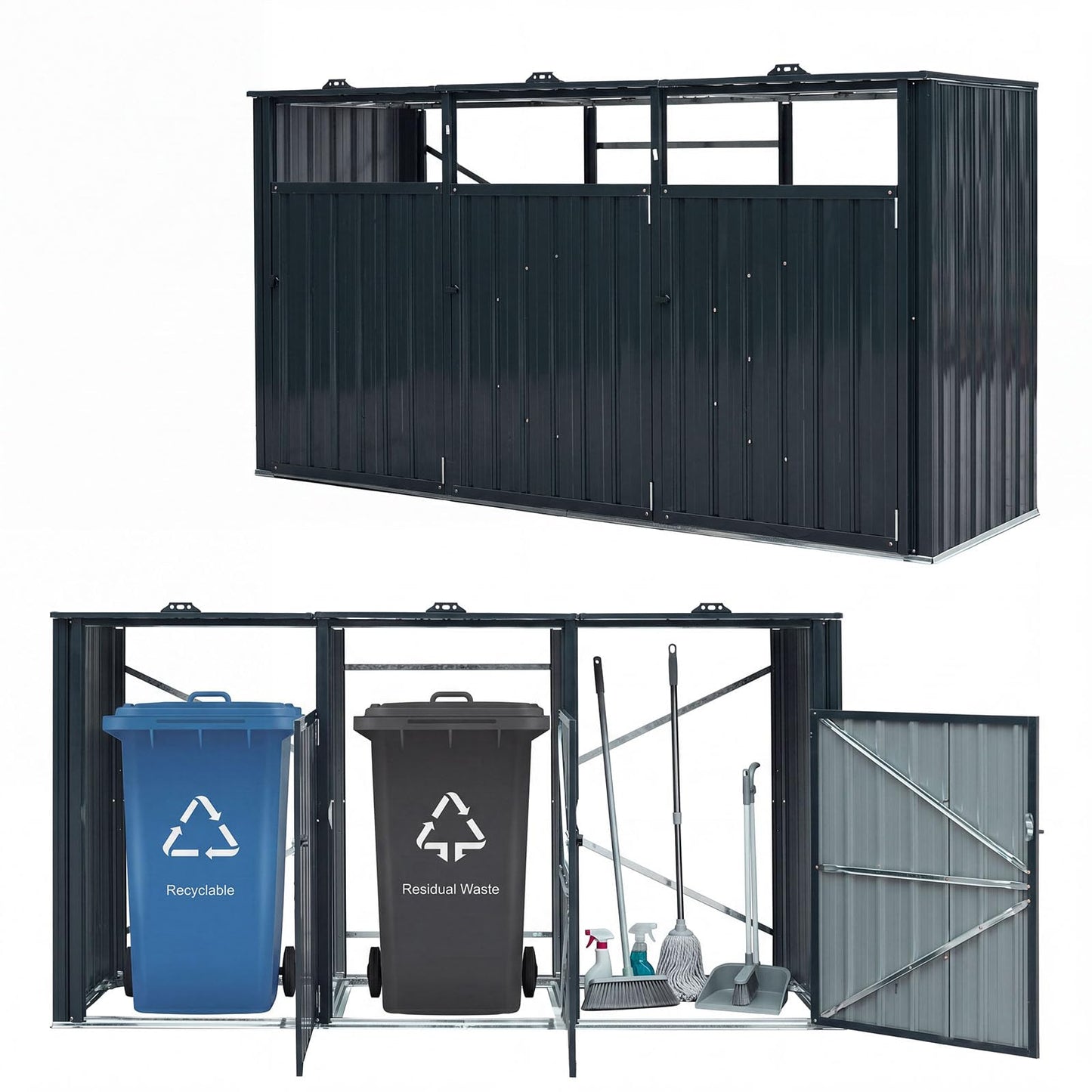 3-Bin Wheelie Bin Storage with Flip-Up Lids & Lockable Doors