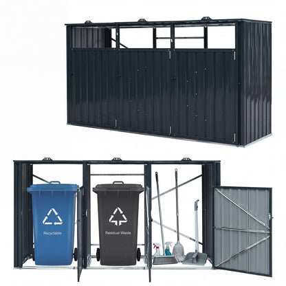 3-Bin Wheelie Bin Storage with Flip-Up Lids & Lockable Doors