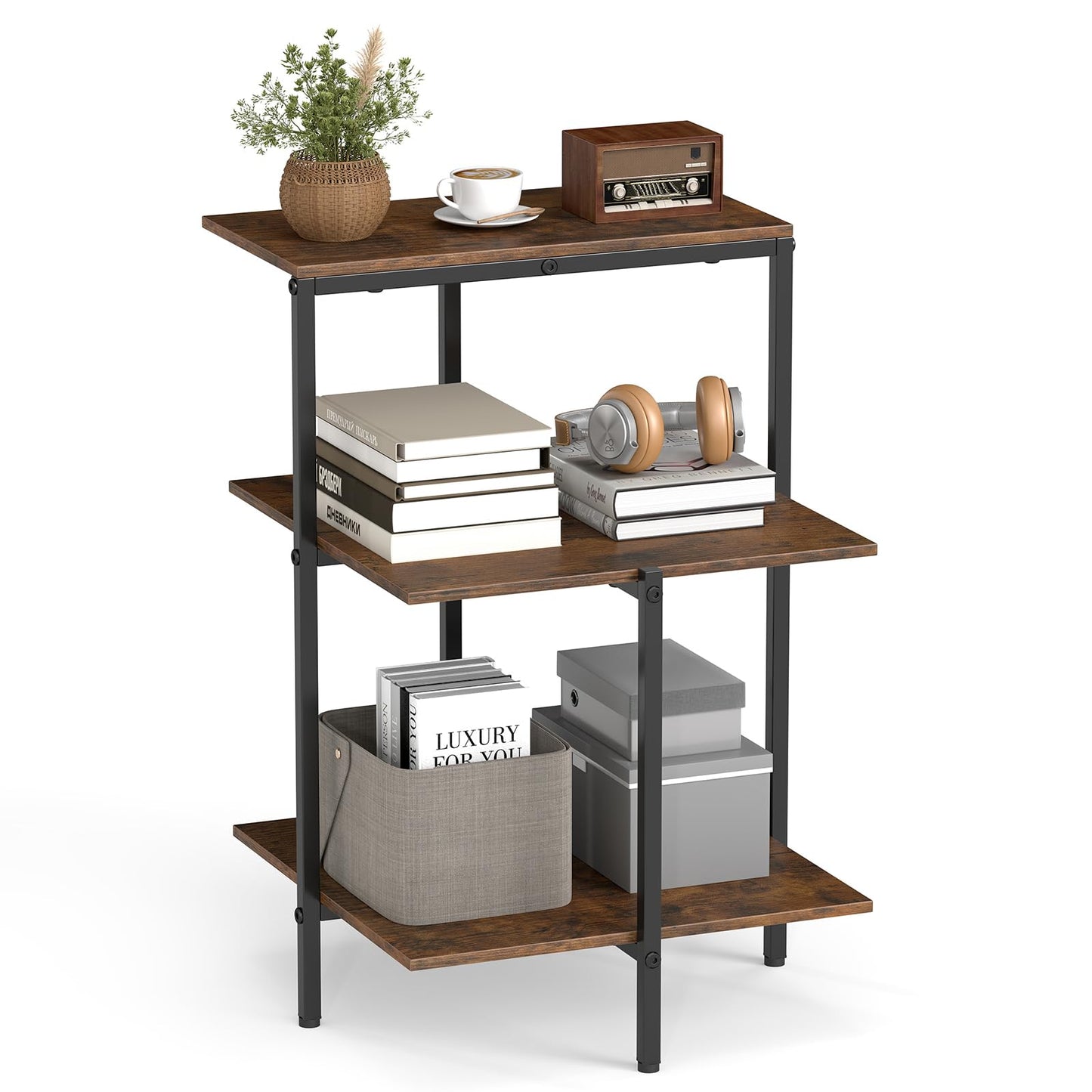 Sofa Side Table, 3-Tier Industrial Square Nightstand Bedside Table