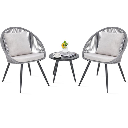 String Patio Bistro Set with 2 Chairs and Glass Coffee Table