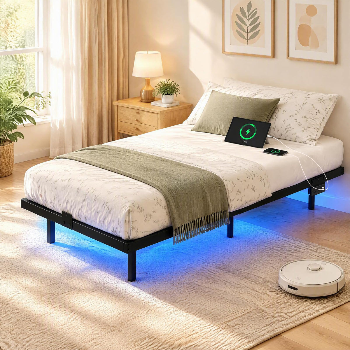 Floating Bed Frame with LED Lights and Charging Station Mattress Slide Stopper