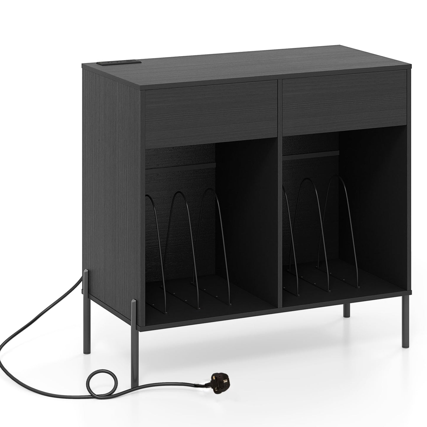 Record Player Stand with Power Outlets and Drawers for Living Room