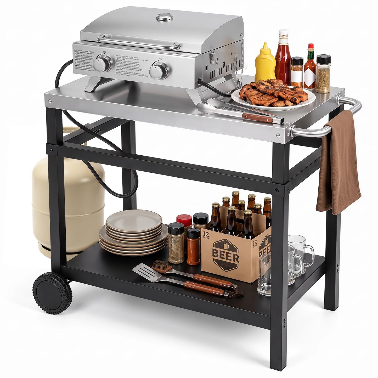 Outdoor Grill Dining Cart, Movable Pizza Oven Table Stand Trolley