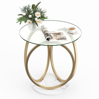 Round Glass Coffee Table with Geometric Metal Ring Frame for Living Room