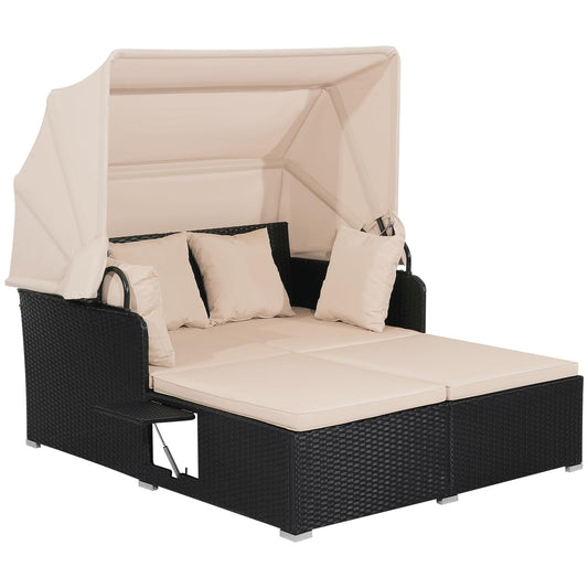 Garden Rattan Daybed with Retractable Canopy and Cushions