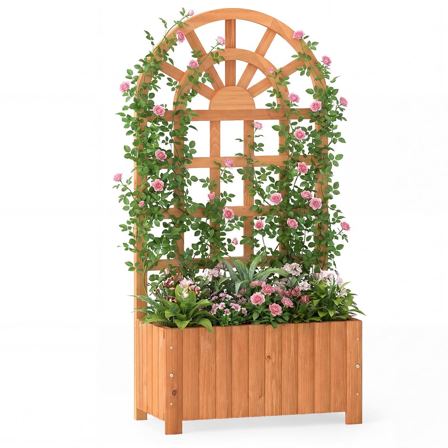 Garden Planter with Trellis, Wooden Raised Bed with Drainage Holes