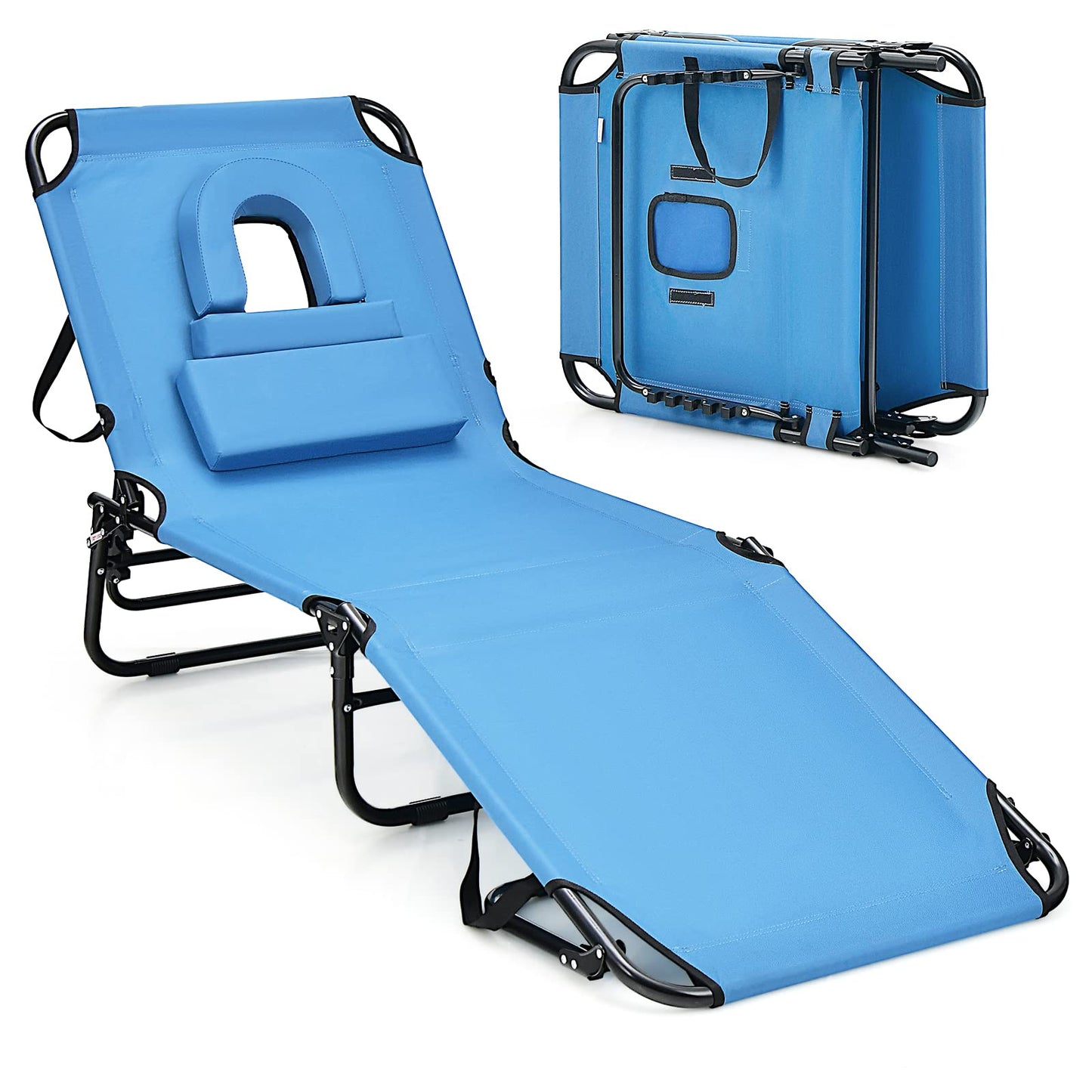 Folding Sun Lounger, 5-Position Adjustable Reclining Tanning Chair
