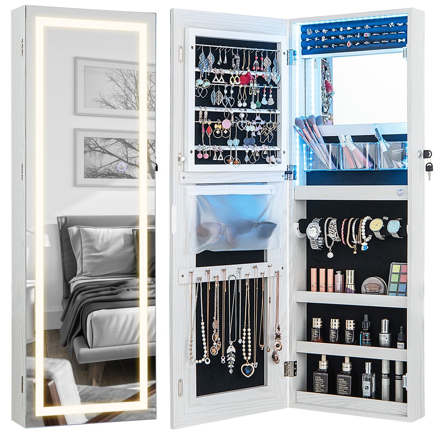 108cm Lockable Jewelry Mirror Cabinet with 3-Color LED Lights