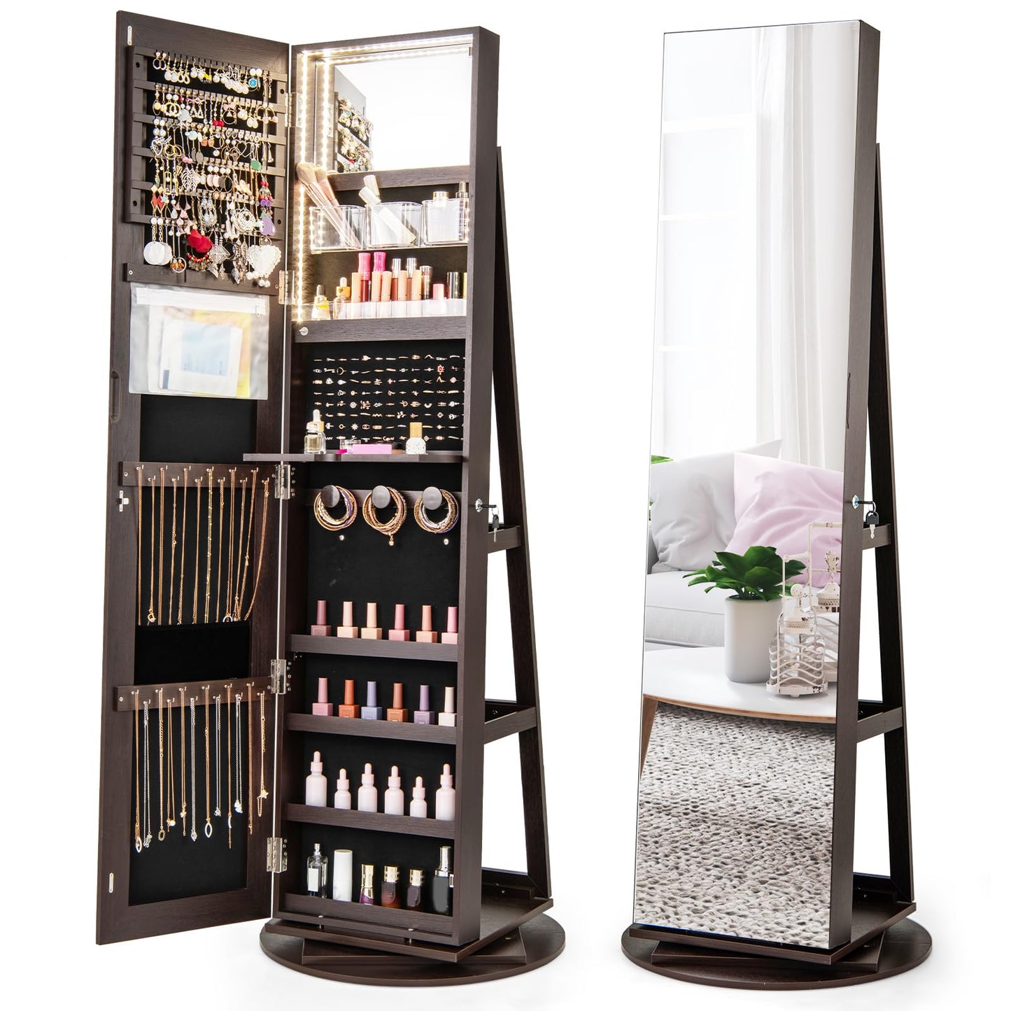 360 Degree Mirrored Jewelry Armoire with 3 Color Auto on LED Lights