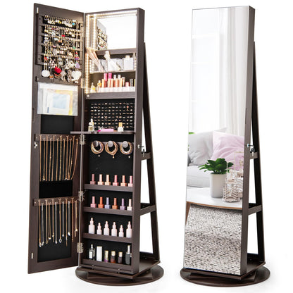 360 Degree Mirrored Jewelry Armoire with 3 Color Auto on LED Lights