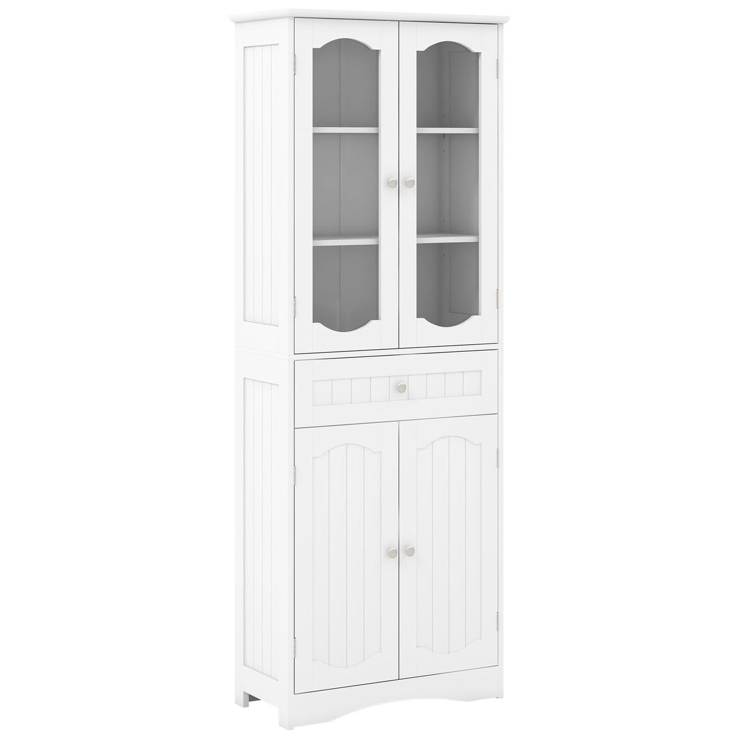 160cm Freestanding Linen Tall Bathroom Storage Cabinet with 2 Glass Doors