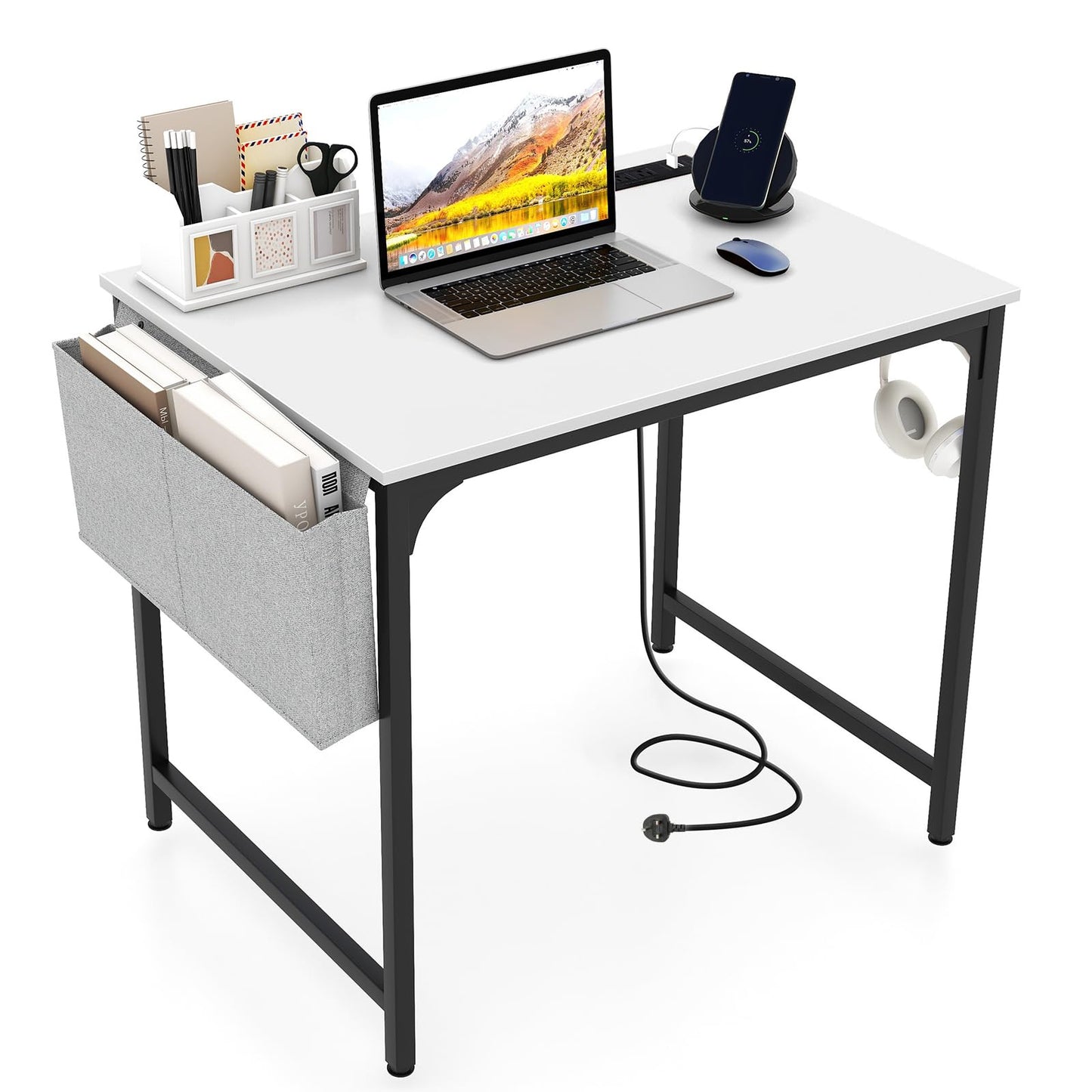 Home Office Desk with Charging Station and Storage Bag
