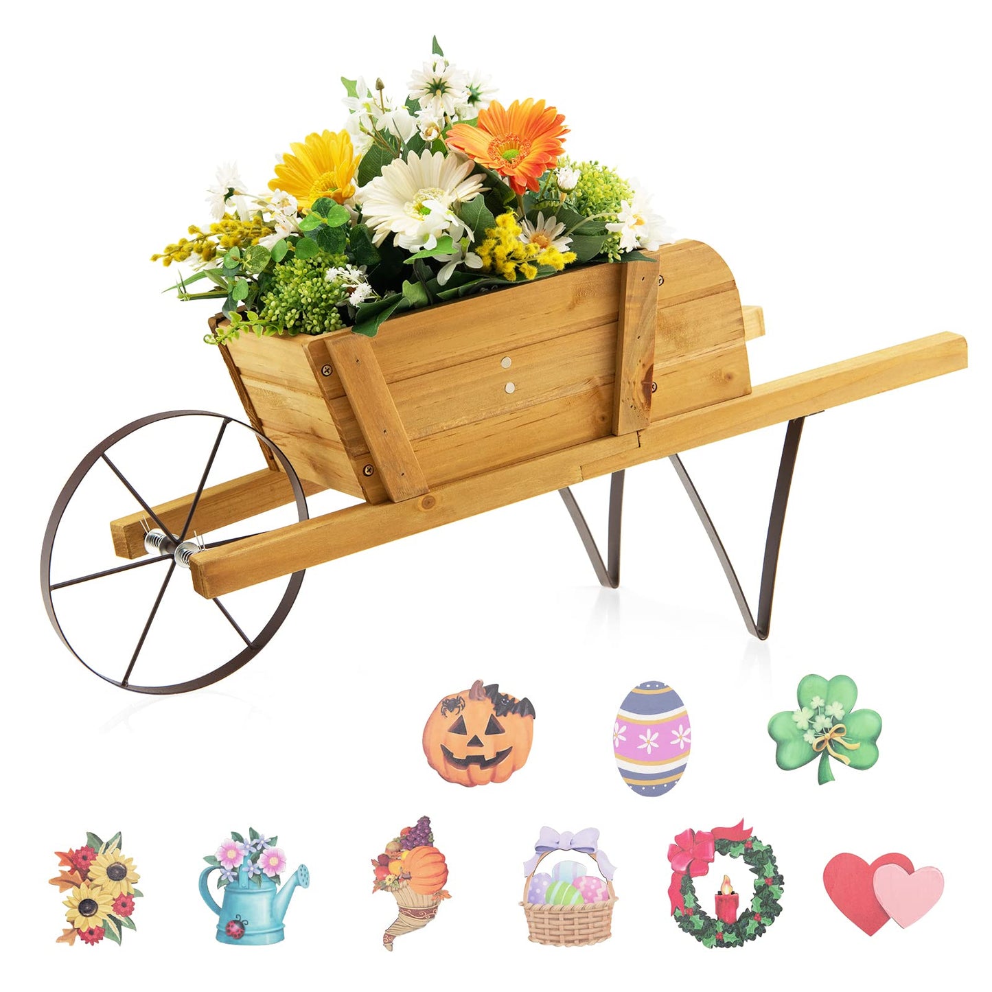Wooden Wagon Planter Stand Wheelbarrow Flower Cart Garden Decoration