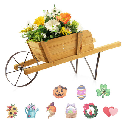 Wooden Wagon Planter Stand Wheelbarrow Flower Cart Garden Decoration