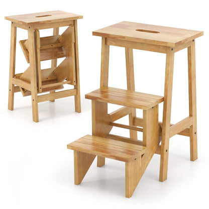 3 Tier Folding Step Stool Rubber Wood Ladder Chair with Handle