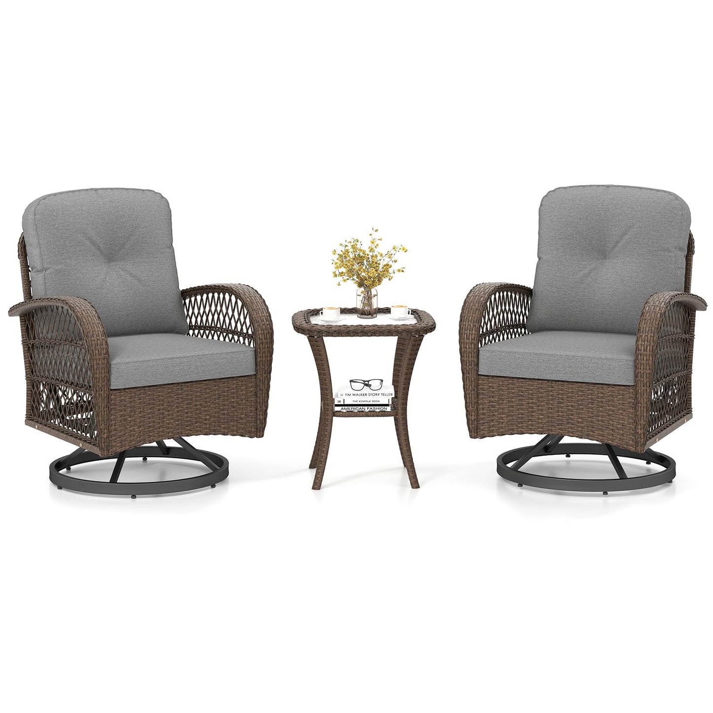 3 Pieces Patio Rattan Bistro Set with Cushions and Pillows