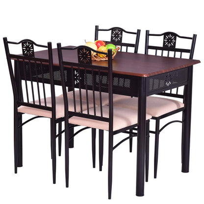 GiantexUK 5 Pieces Dining Table Set, Steel Frame Wooden Table and 4 High Back Chairs