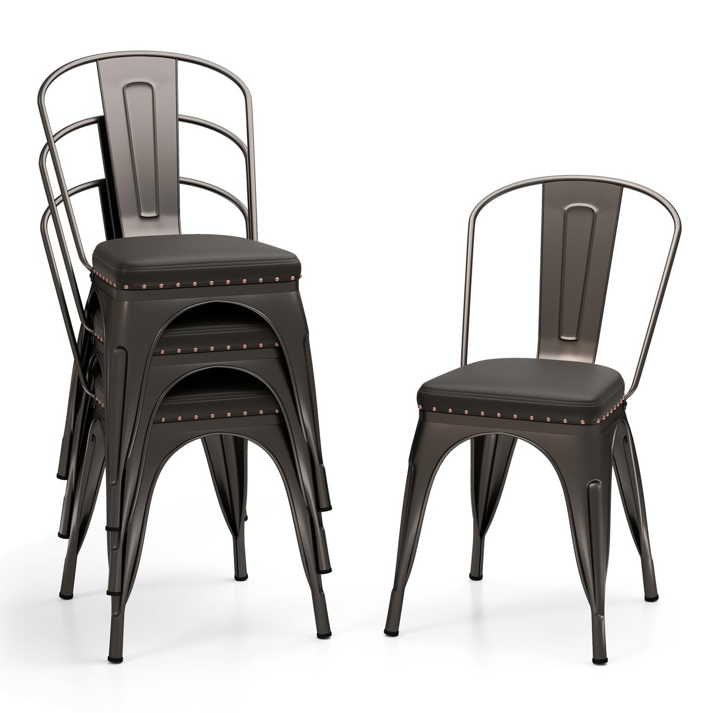 Metal Dining Chair Set of 4 with Removable Backs and PU Leather Cushioned Seat