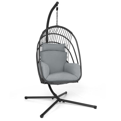 Foldable Rattan Swing Egg Chair with Stand & Soft Cushion